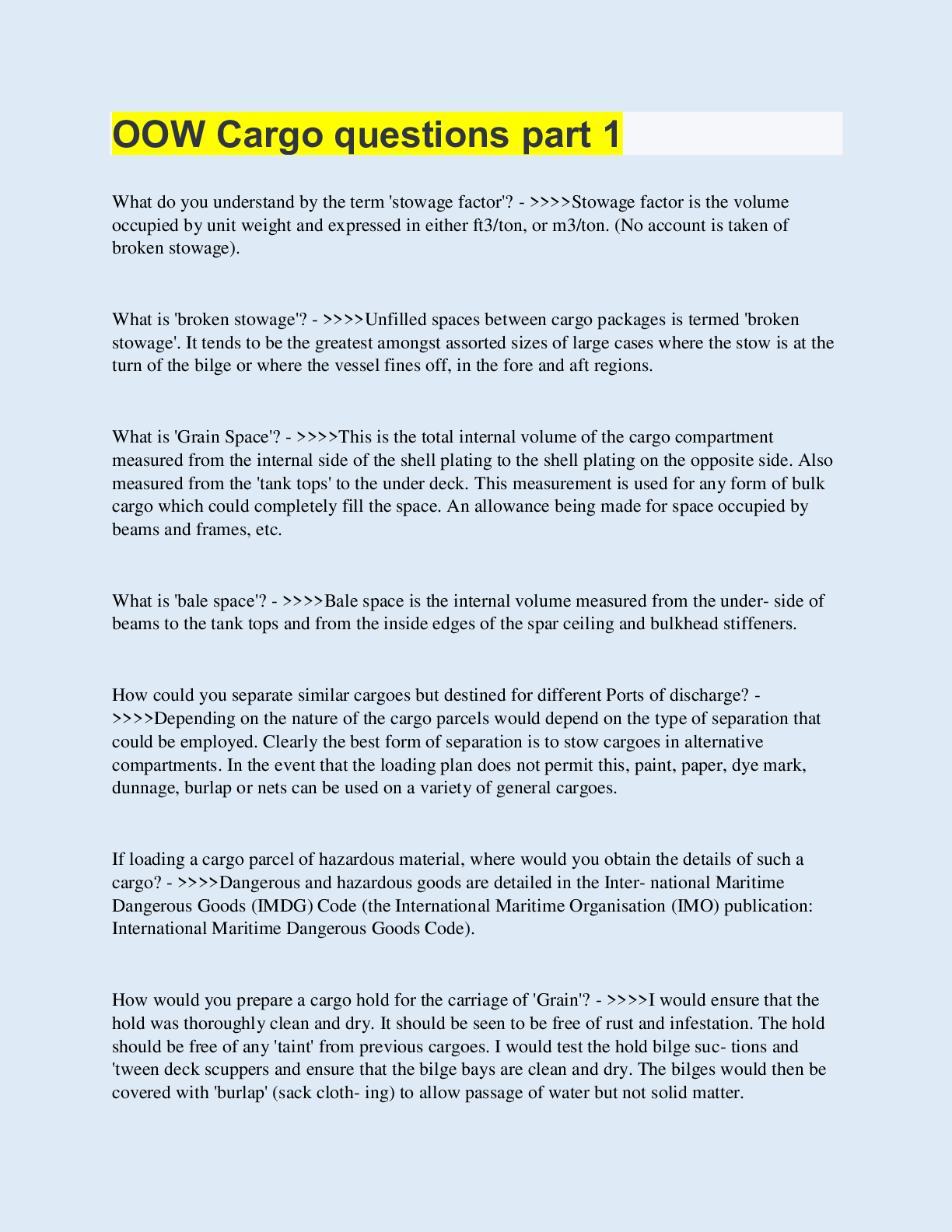 Preview image for OOW Cargo questions part 1 | with 100% Correct Answers | Updated & Verified